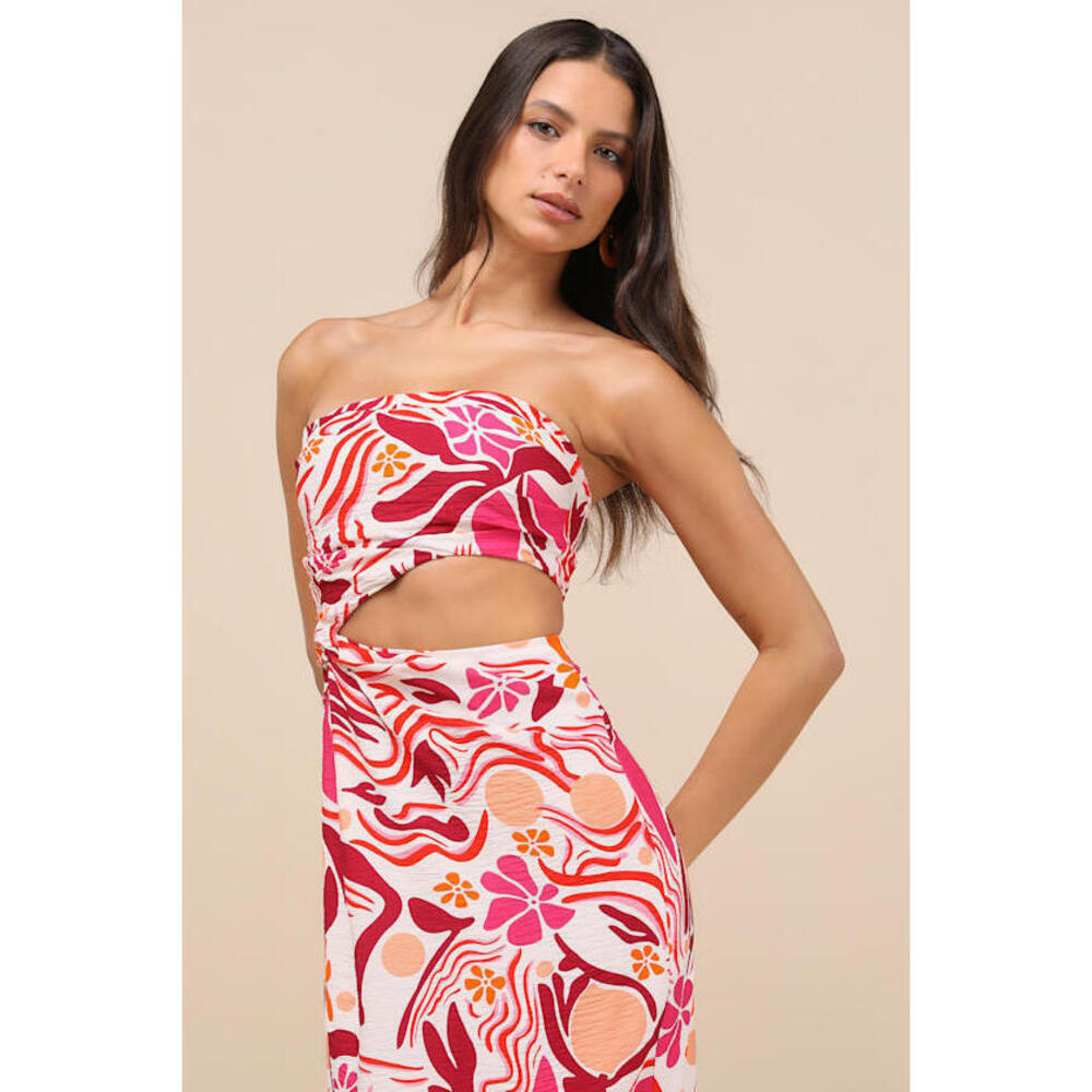 Lulus Zisel Ivory And Pink Floral Cutout Strapless Midi Dress White - Size XL